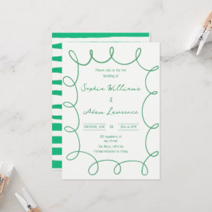 Green Hand Written Pinstripe Whimsical Wedding Invitation
