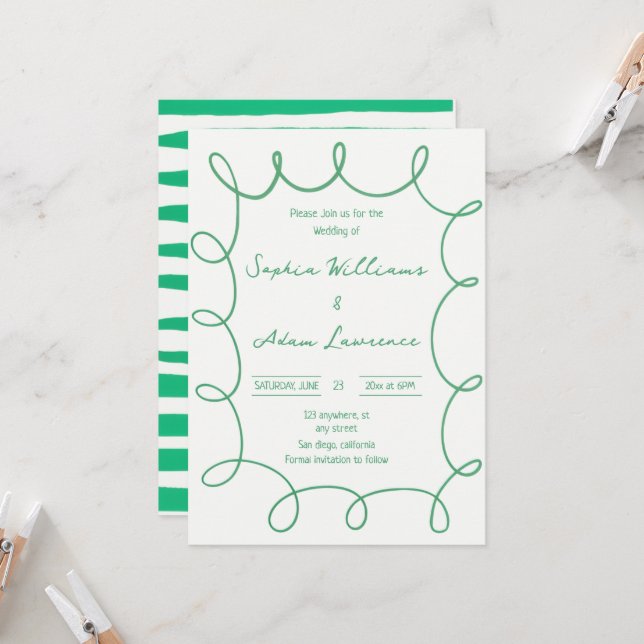 Green Hand Written Pinstripe Whimsical Wedding Invitation (Front/Back In Situ)