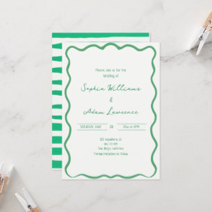 Green Hand Written Pinstripes Whimsical Wedding Invitation