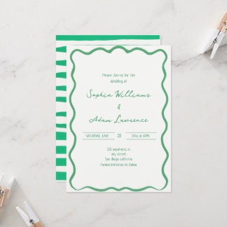 Green Hand Written Pinstripes Whimsical Wedding Invitation