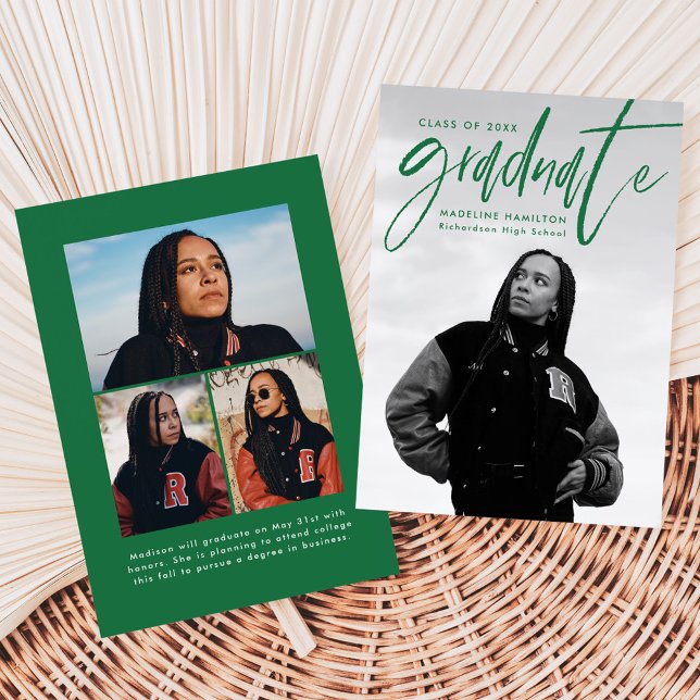 Green Handwritten Brush Script 4 Photo Graduation Announcement (Creator Uploaded)