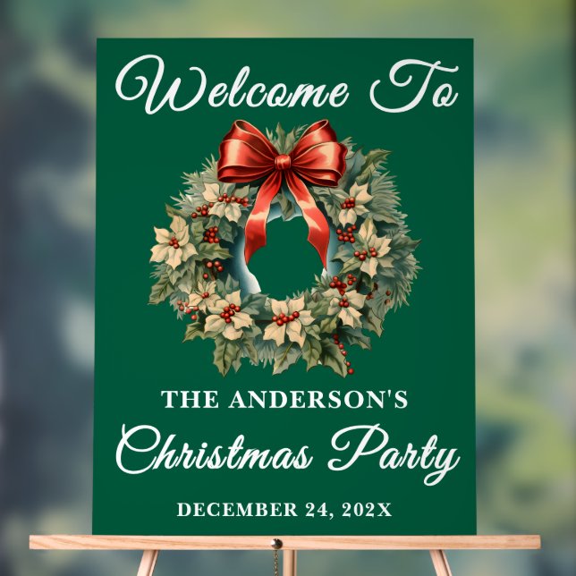 Green Handwritten Script Christmas Party Welcome Acrylic Sign (Neutral)