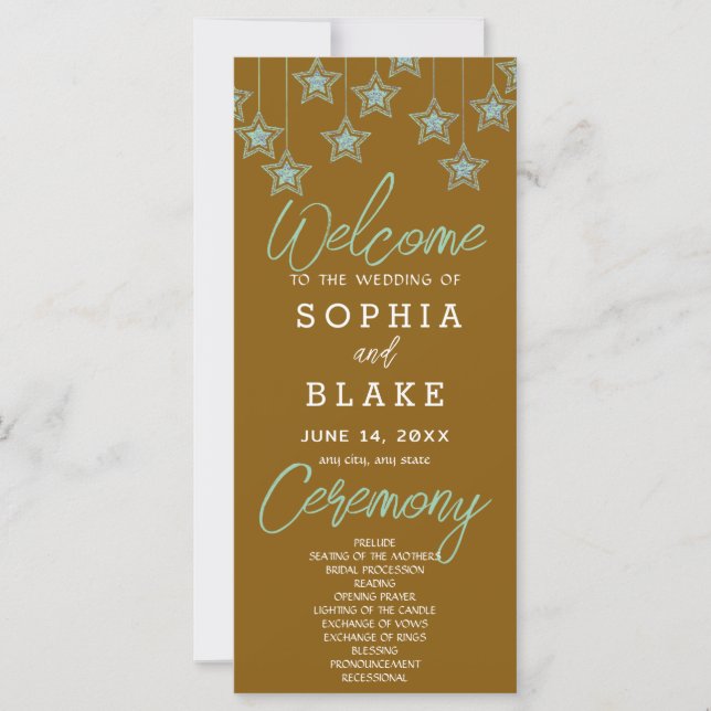 Green Hanging Stars Dark Gold Wedding Program (Front)