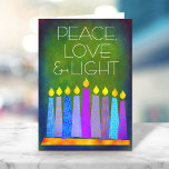 Green Hanukkah Boho Candles Peace Love Light Bold Holiday Card<br><div class="desc">“Peace, love & light.” A playful, modern, artsy illustration of boho pattern candles in a menorah helps you usher in the holiday of Hanukkah. Assorted blue candles with colourful faux foil patterns overlay a rich, deep green textured background. Feel the warmth and joy of the holiday season whenever you send...</div>
