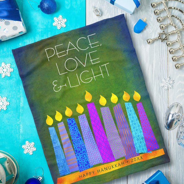 Green Hanukkah Menorah Candles Peace Love Light Fleece Blanket (Creator Uploaded)