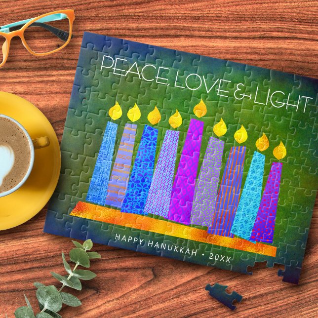 Green Hanukkah Peace Love Light Bold Boho Candles Jigsaw Puzzle (Creator Uploaded)