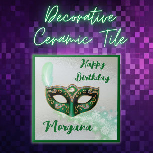 Green Happy Birthday Masquerade Party Ceramic Tile