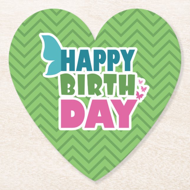 Green happy birthday spring butterfly  paper coaster (Front)