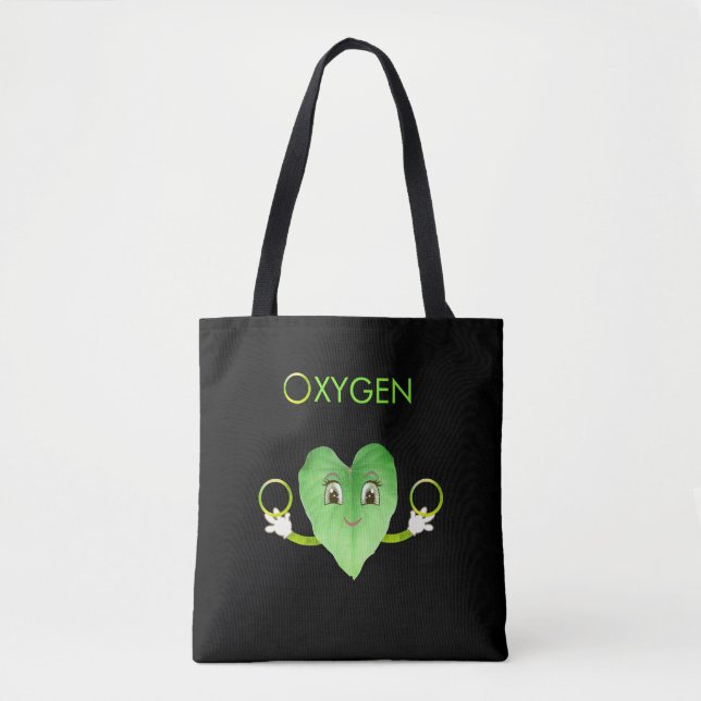 Green Happy Heart Leaf on Black Tote Bag (Front)
