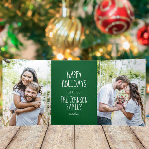 Green Happy Holidays 4 Family Photo Modern Festive Tri-Fold Holiday Card