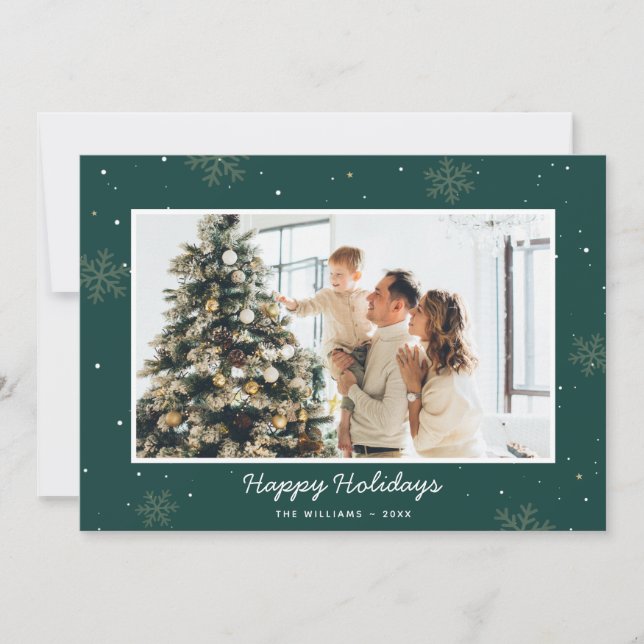 Green Happy Holidays Family Photo Snowflake Holiday Card (Front)