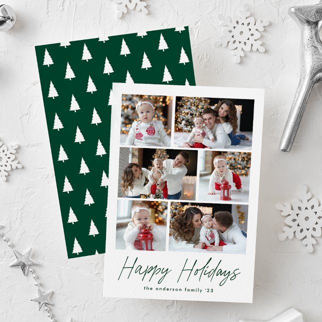 Green Happy Holidays Script 6 Photo Collage Holiday Card (Creator Uploaded)