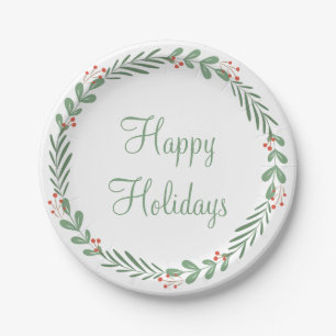 Green Happy Holidays Script Wreath Berry Leaves Paper Plate