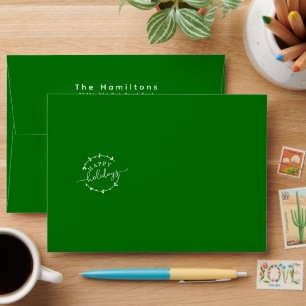 Green Happy Holidays Wreath Return Address Envelope