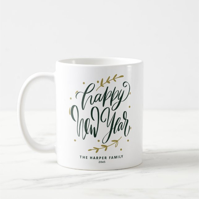 Green Happy New Year Modern Calligraphy Wreath Coffee Mug (Left)