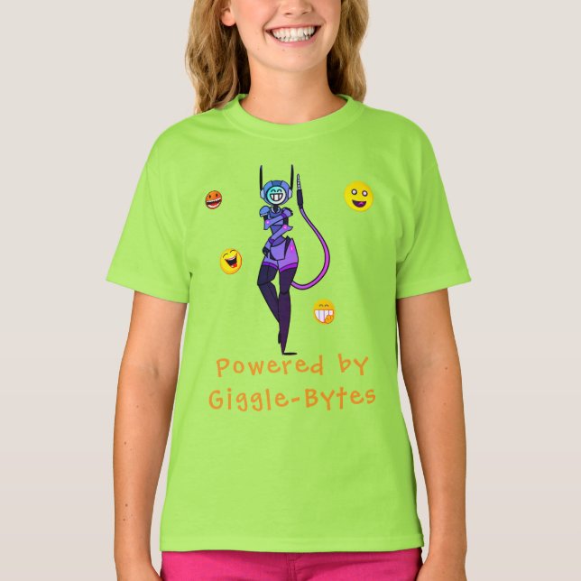 Green Happy Robot Giggle Fun T-Shirt (Front)