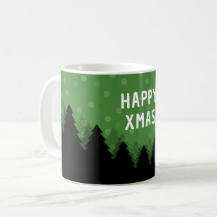 Green Happy Xmas mug with forest, trees and snow
