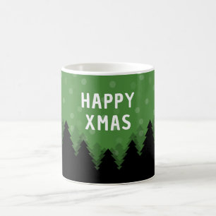 Green Happy Xmas mug with forest, trees and snow