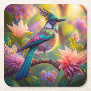 Green Headed Jay Fantasy Bird Square Paper Coaster
