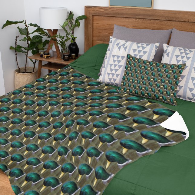 Green Headed Mallard Duck Photo Pattern Fleece Blanket (In Situ Bed)