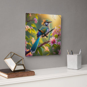 Green Headed Teal Winged Fantasy Bird Square Wall Clock