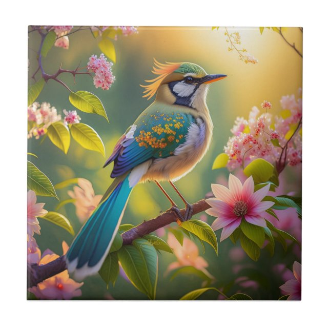 Green Headed Teal Winged Fantasy Bird Tile (Front)