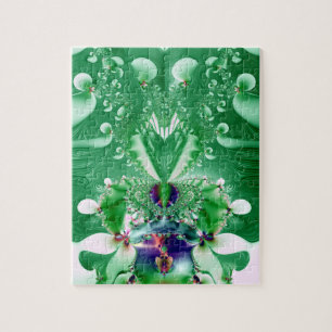 Green Heart and Flowers Fractal Jigsaw Puzzle