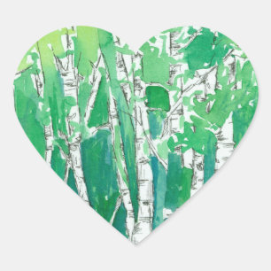 Green Heart Aspen Trees Pen and Ink Art Heart Sticker