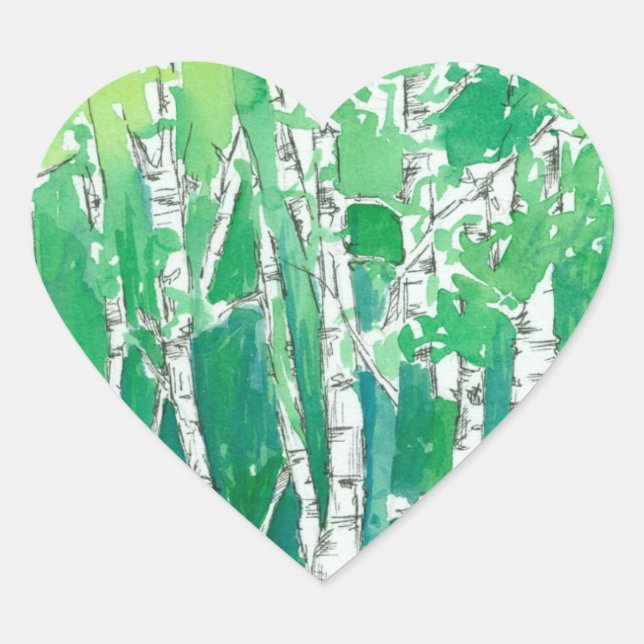 Green Heart Aspen Trees Pen and Ink Art Sticker (Front)