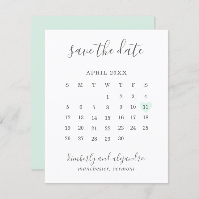 Green Heart Calender Budget Wedding Save the Date (Front/Back)