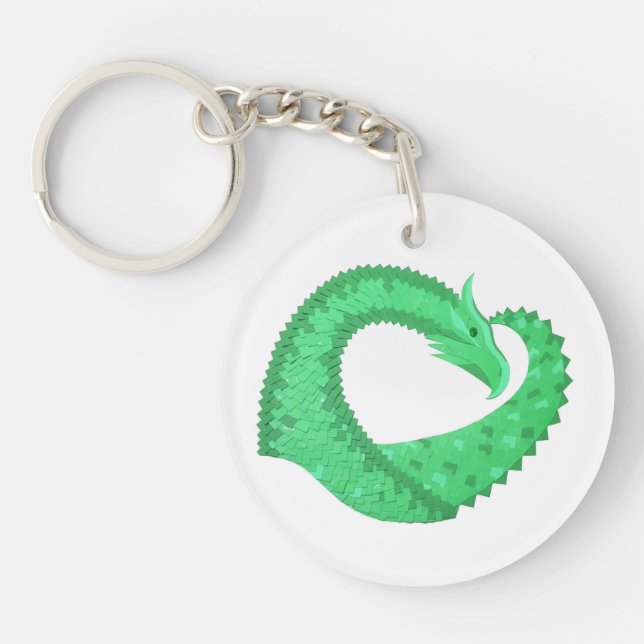 Green heart dragon on white key ring (Front)