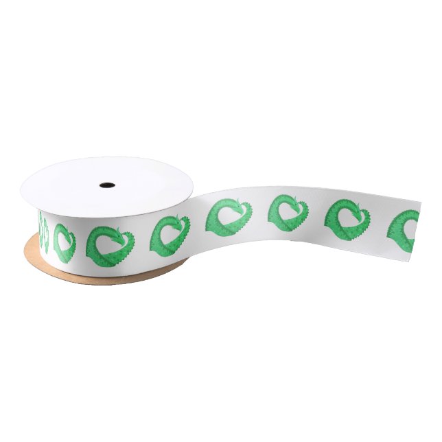 Green heart dragon on white satin ribbon (Spool)