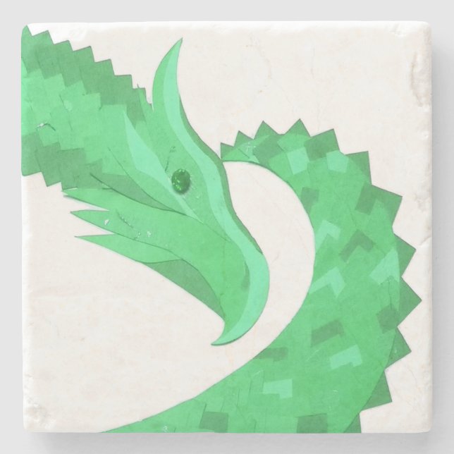Green heart dragon on white stone coaster (Front)