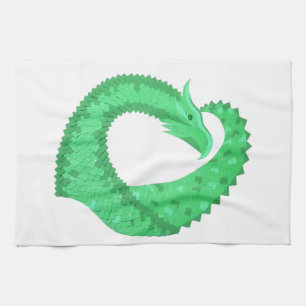 Green heart dragon on white tea towel
