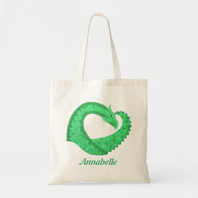 Green heart dragon on white tote bag (Front)