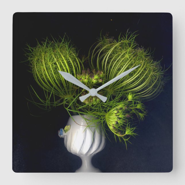 Green heart in black square wall clock (Front)