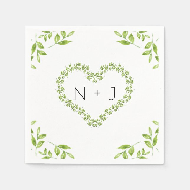 Green Heart Leaves Shabby Chic Greenery Wedding Napkin (Front)