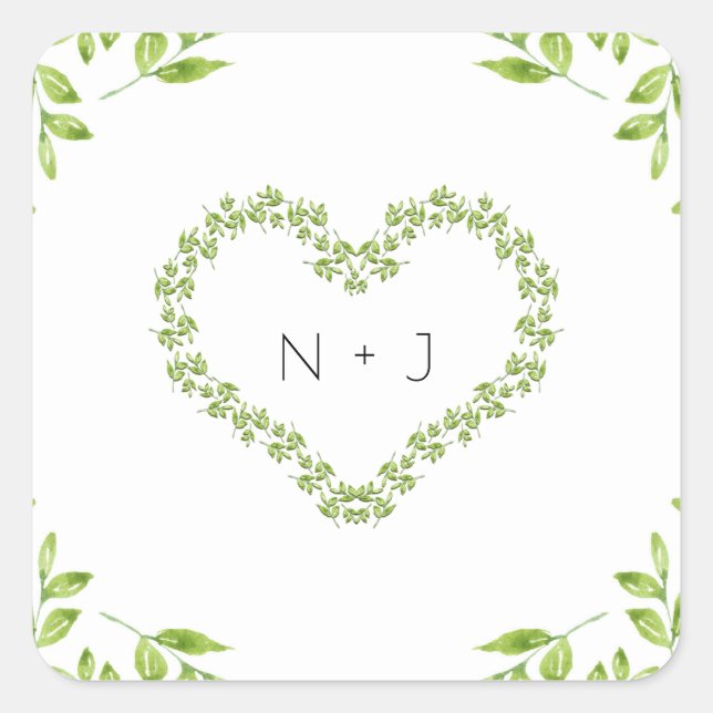 Green Heart Leaves Shabby Chic Greenery Wedding Square Sticker (Front)