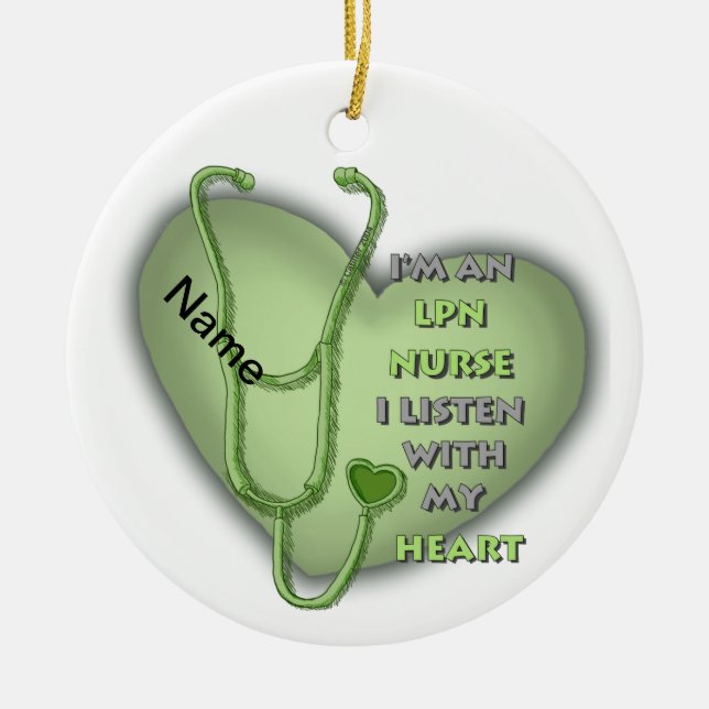 Green Heart LPN Nurse Ceramic Tree Decoration (Front)
