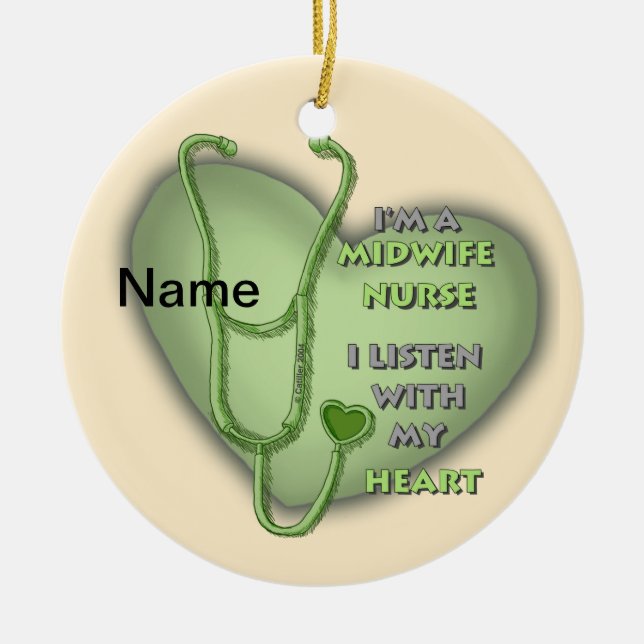 Green Heart Midwife Nurse Ceramic Tree Decoration (Front)