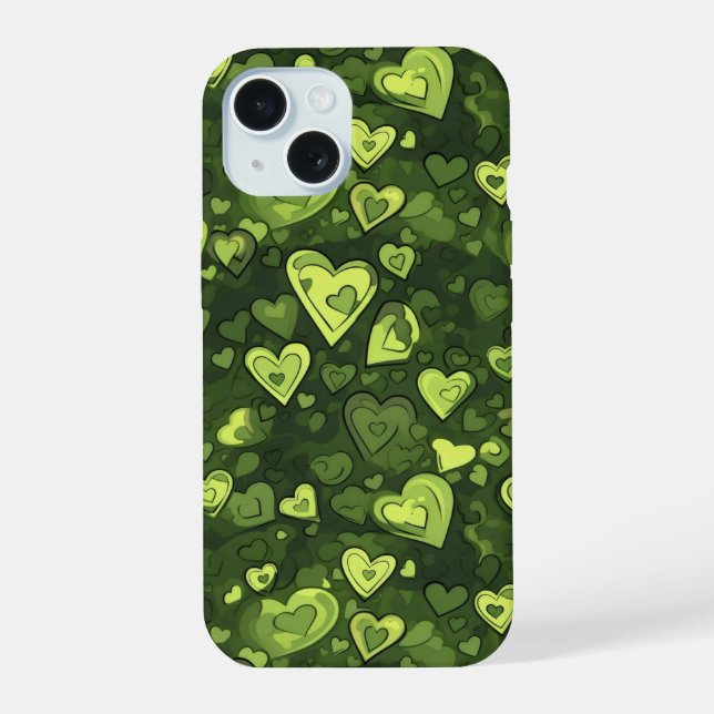Green Heart Pattern iPhone 15 Case (Back)