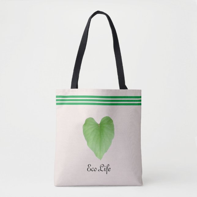 Green Heart Shape Leaf on Beige Tote Bag (Front)