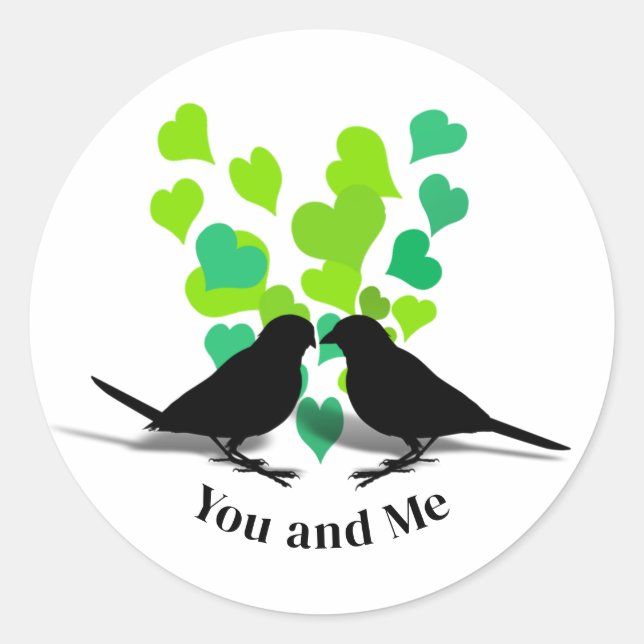 Green Hearts Love Birds Valentine Classic Round Sticker (Front)