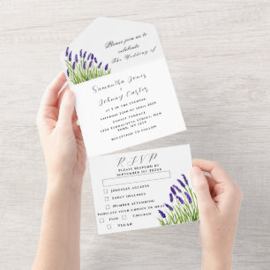 Green Herbs Watercolor Purple Lavender Wedding All In One Invitation