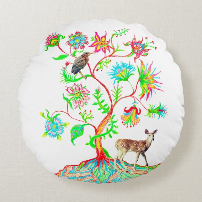 Green Heron and Deer Round Cushion (Front)