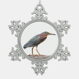Green Heron Snowflake Pewter Christmas Ornament