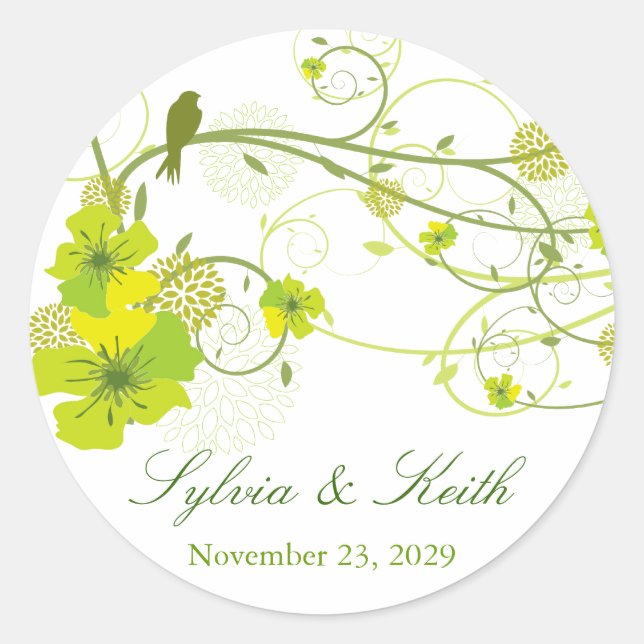 Green Hibiscus Swirls & Swallows Floral Wedding Classic Round Sticker (Front)