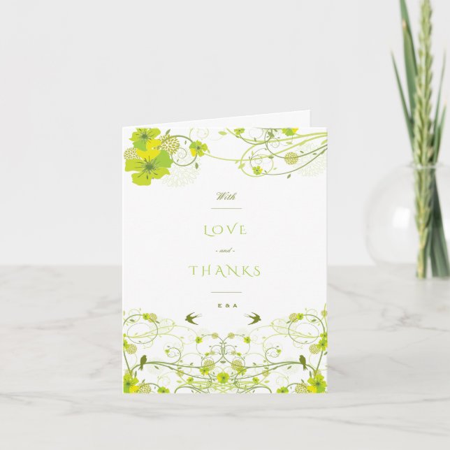Green Hibiscus Swirls & Swallows Floral Wedding Thank You Card (Front)