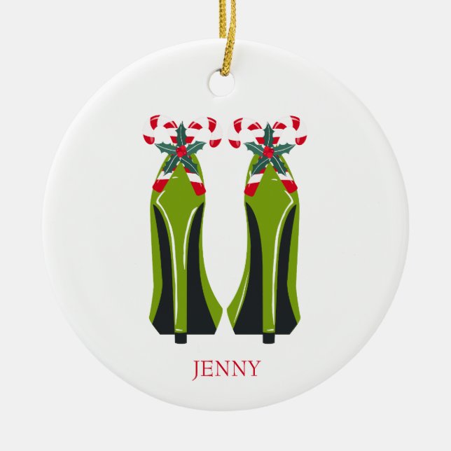 Green High Heels with Candy Canes Ceramic Tree Decoration (Front)