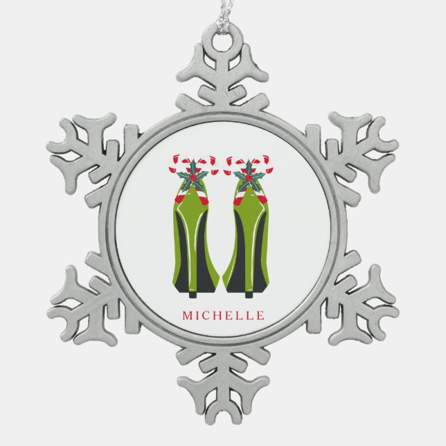 Green High Heels with Candy Canes Snowflake Pewter Christmas Ornament (Front)